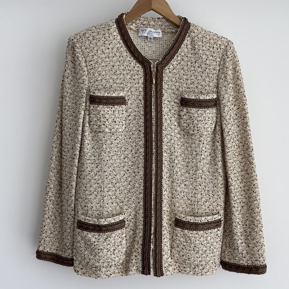 St John Jacket Womens 12 Brown Tweed Pattern Knit Zip Front Braided Trim Elegant